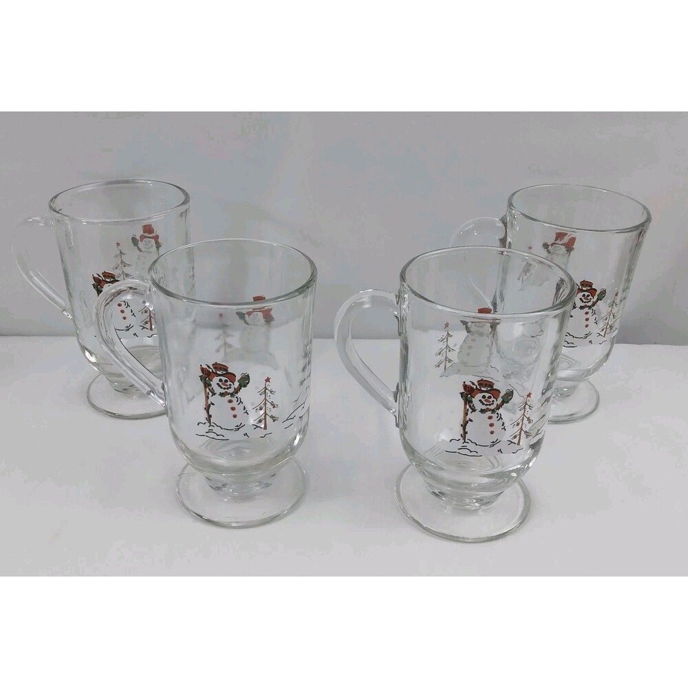 Vintage Set of 4 Snowman Footed Glass Mugs Winter Christmas Hot Cocoa Bar Mugs